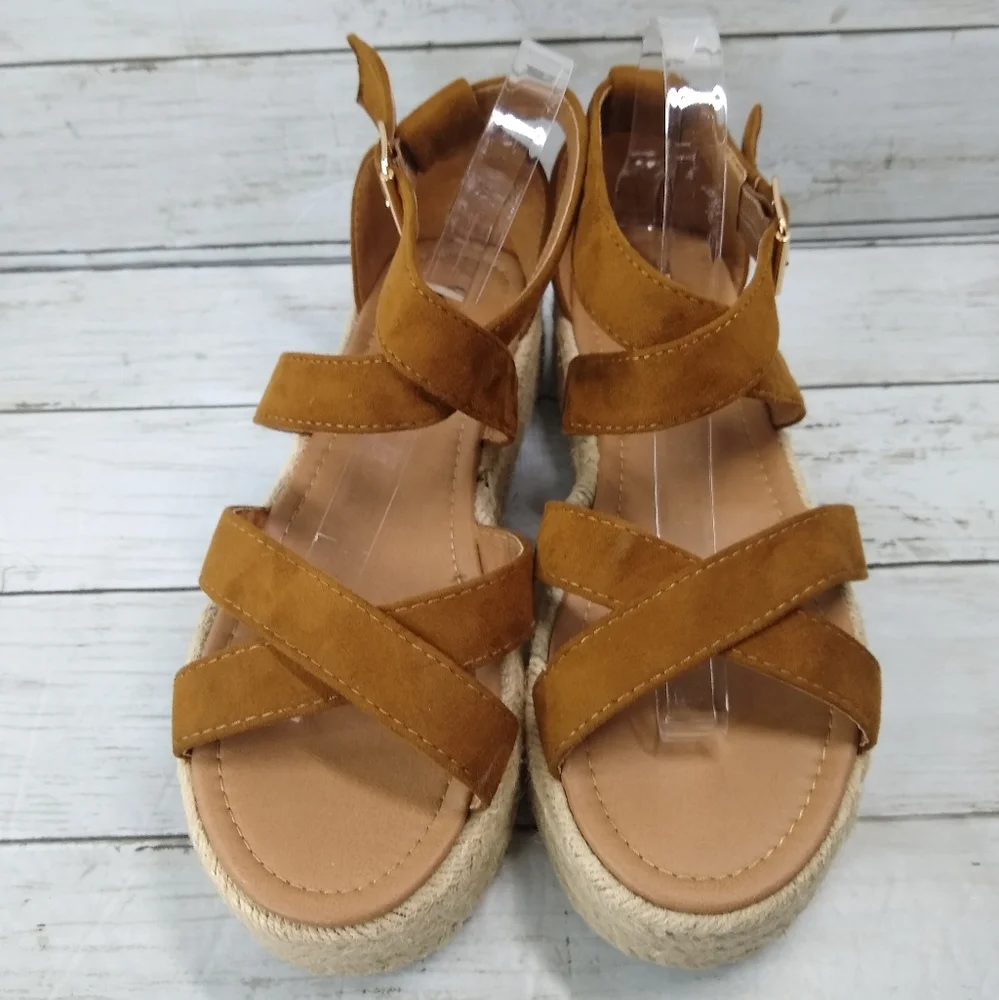 Bonnibel Wmns 10 Brown Suede Leather Platform Espadrille Ankle Strap Sandals